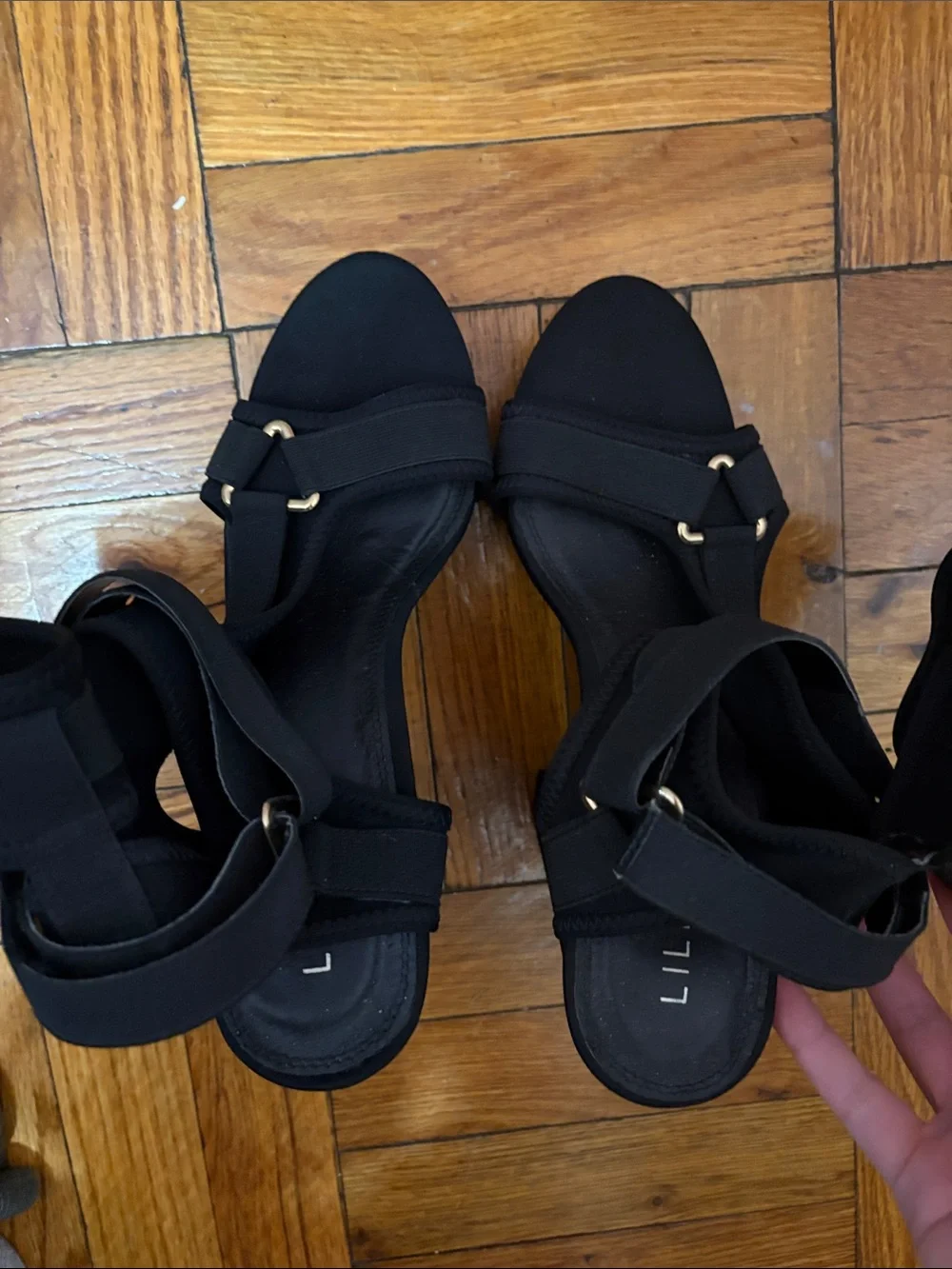 Liliana Black High Heel Platform Shoes with Ankle Straps and Gold Detaild